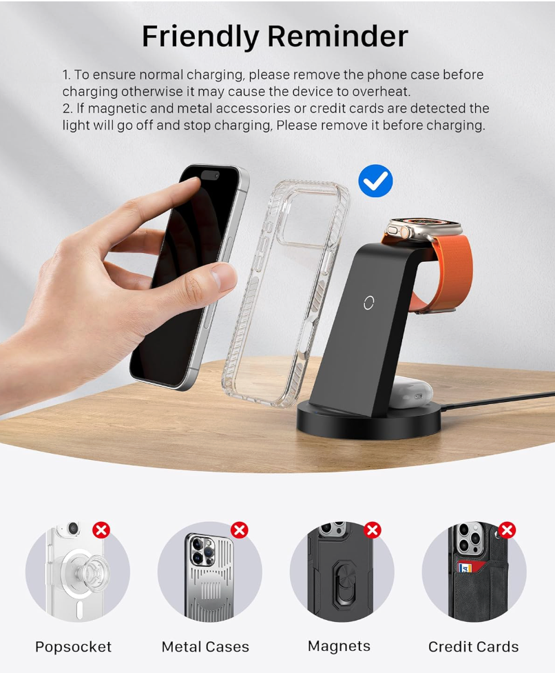 Charging station with smartphone, clear case, and smartwatch on a wooden surface, with text and icons indicating charging注意事项.