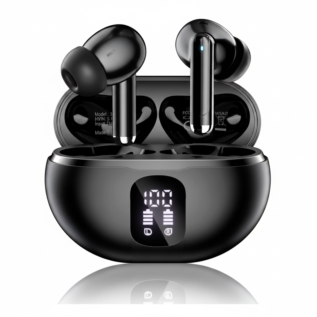 Black wireless earbuds with LED battery display charging case showing 100% power, TWS Bluetooth earbuds with digital battery indicator