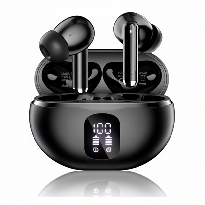 Black wireless earbuds with LED battery display charging case showing 100% power, TWS Bluetooth earbuds with digital battery indicator