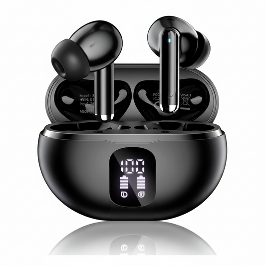 Black wireless earbuds with LED battery display charging case showing 100% power, TWS Bluetooth earbuds with digital battery indicator