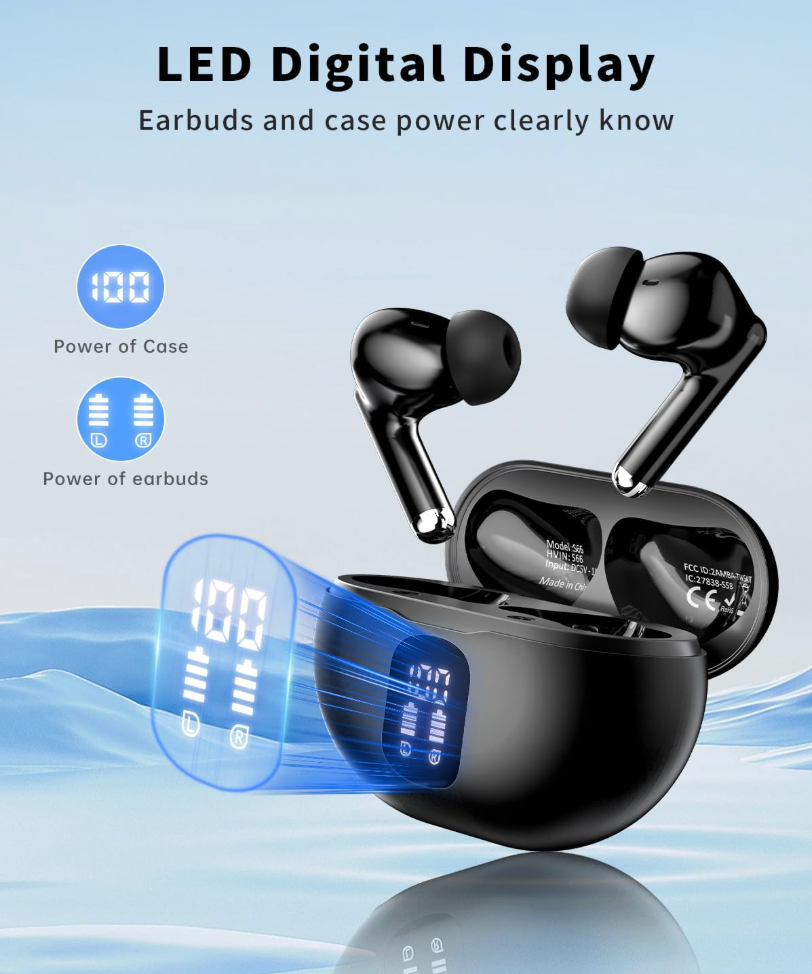 TWS earbuds charging case with LED digital display showing case and earbud battery levels separately for left and right earbuds