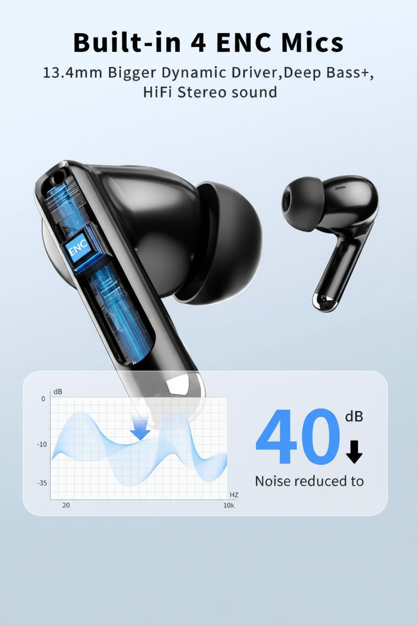 Wireless earbuds with 4 built-in ENC microphones and 13.4mm dynamic driver reducing noise by 40dB for clear calls and HiFi stereo sound