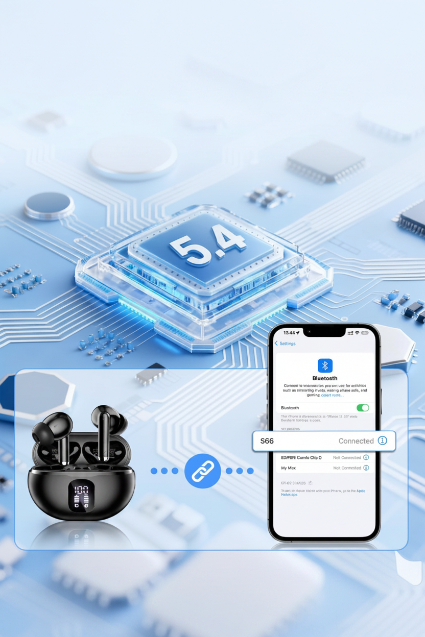 Bluetooth 5.4 wireless earbuds connected to iPhone showing stable and fast pairing, TWS earbuds with latest Bluetooth technology