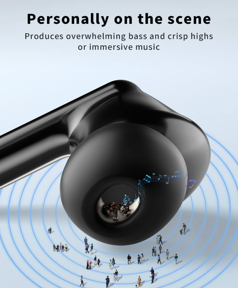 Close-up of wireless earbud speaker driver delivering deep bass and crisp highs with immersive 360-degree sound experience