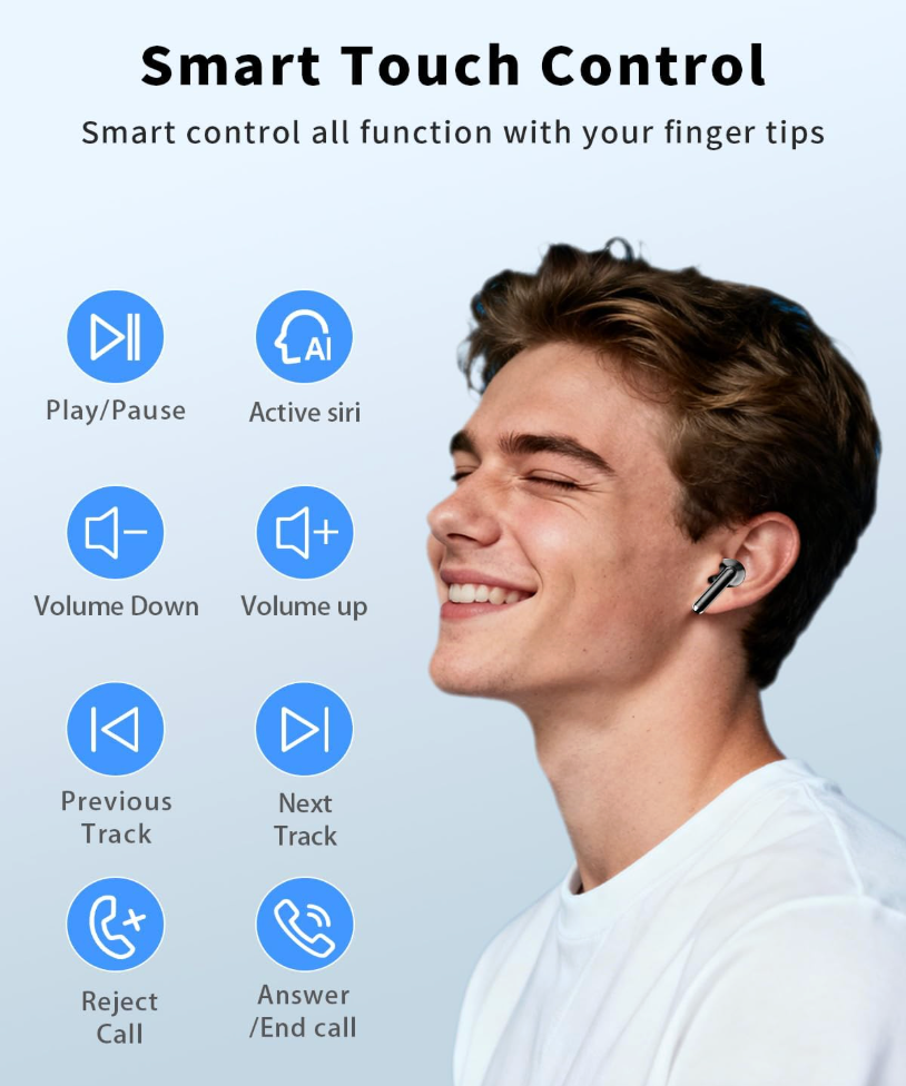Smart touch control wireless earbuds with play pause volume track and call controls, compatible with Siri and voice assistant
