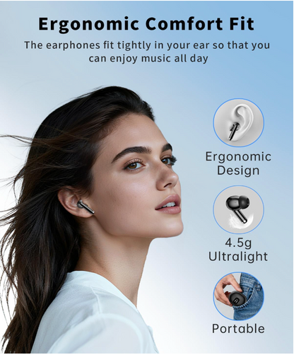 Ergonomic lightweight 4.5g wireless earbuds with secure in-ear fit design for all-day comfort, ultralight portable TWS earbuds
