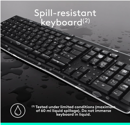 Logitech MK270 wireless keyboard with water droplets demonstrating spill-resistant design
