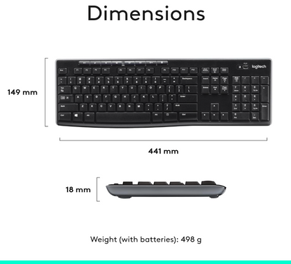 Logitech MK270 Wireless Keyboard and Mouse Combo – Full Size, 2.4 GHz, 8 Multimedia Keys, Long Battery Life, for Windows PC & Laptop