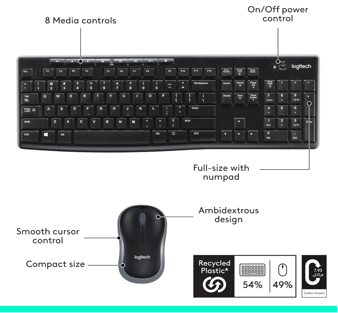 Logitech MK270 Wireless Keyboard and Mouse Combo – Full Size, 2.4 GHz, 8 Multimedia Keys, Long Battery Life, for Windows PC & Laptop