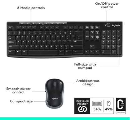 Logitech MK270 Wireless Keyboard and Mouse Combo – Full Size, 2.4 GHz, 8 Multimedia Keys, Long Battery Life, for Windows PC & Laptop