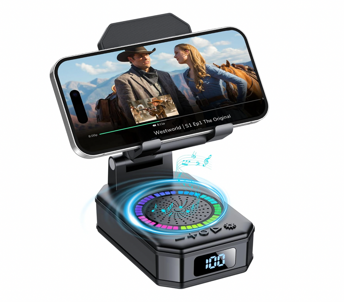 A black electronic music player with a built-in phone holder, shown with a smartphone mounted on screen displaying a video. The device features a circular speaker grille with colorful LED light accents, control buttons, and a digital display showing '100'.