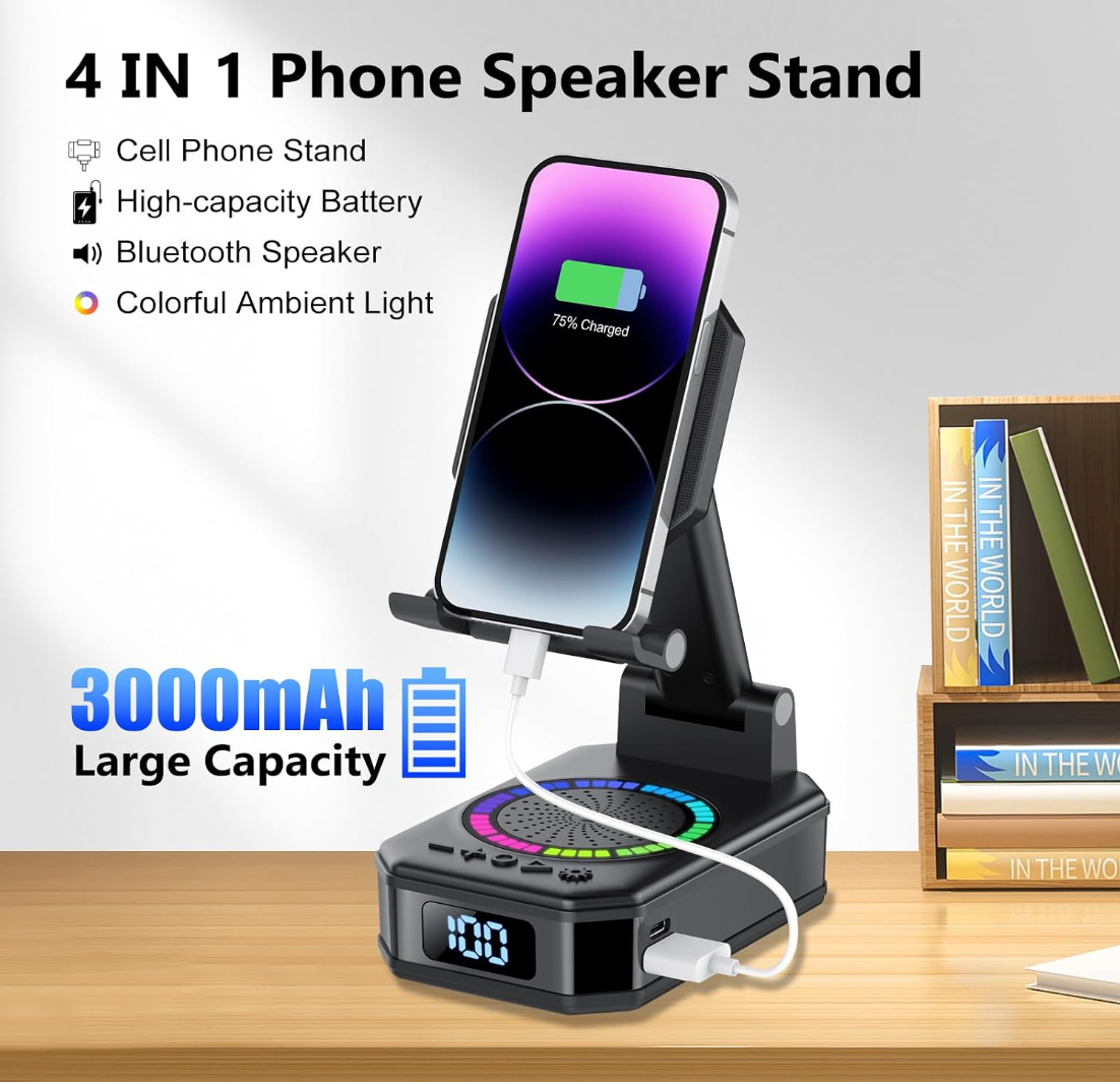 4-in-1 Bluetooth Speaker with Phone Stand, RGB Lights & USB Charging - Portable Wireless Speaker