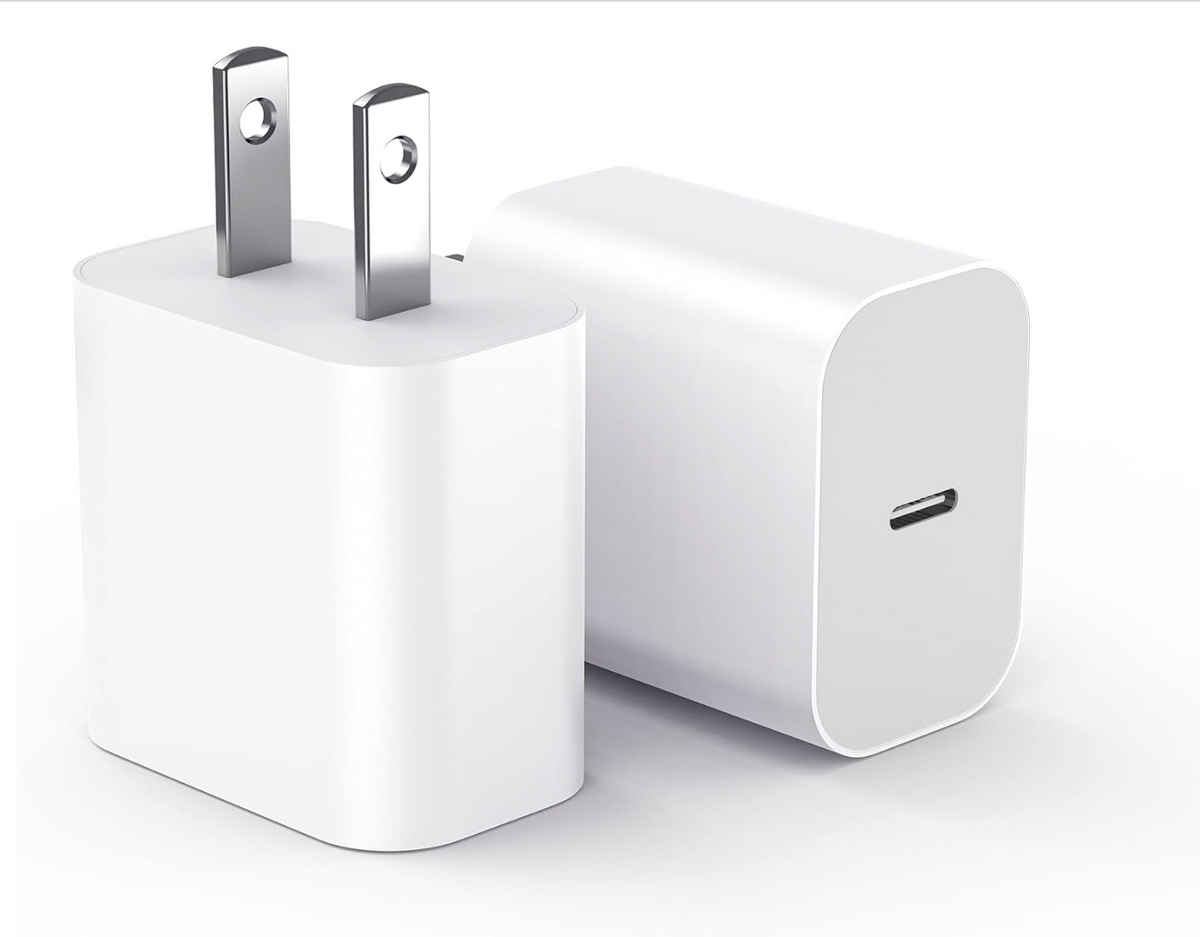 A white USB-C fast charger shown from two angles: one facing forward to show the two-prong plug and the other showing the USB-C port on the side, set against a clean white background.