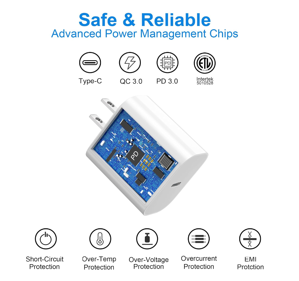 A white USB charger with a blue printed circuit board and black components, shown on a light gray background with marketing text and feature icons for Type-C, QC 3.0, PD 3.