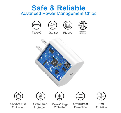 A white USB charger with a blue printed circuit board and black components, shown on a light gray background with marketing text and feature icons for Type-C, QC 3.0, PD 3.