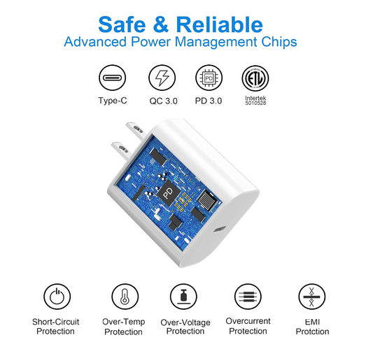 A white USB charger with a blue printed circuit board and black components, shown on a light gray background with marketing text and feature icons for Type-C, QC 3.0, PD 3.