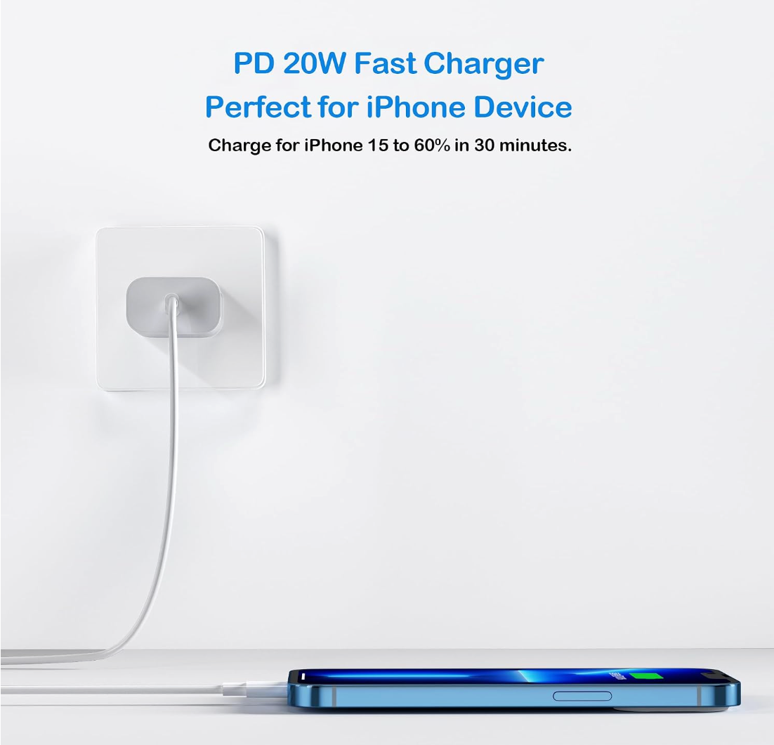 A white square wall charger plugged into a wall with a white cable leading to a blue smartphone lying on a white surface. Blue text at the top reads 'PD 20W Fast Charger Perfect for iPhone Device' and 'Charge for iPhone 15 to 60% in 30 minutes.