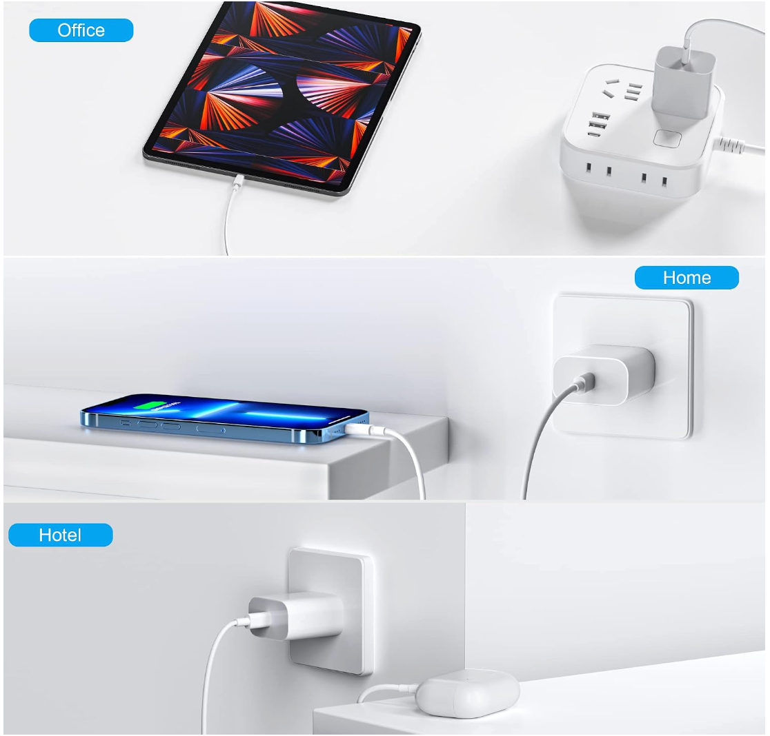 A collage showing a white multi-port power adapter used for charging devices in three settings: an office with an iPad, a home with a smartphone, and a hotel with earbuds. The adapter is shown plugged into outlets in each scene, with the main product highlighted on the right.