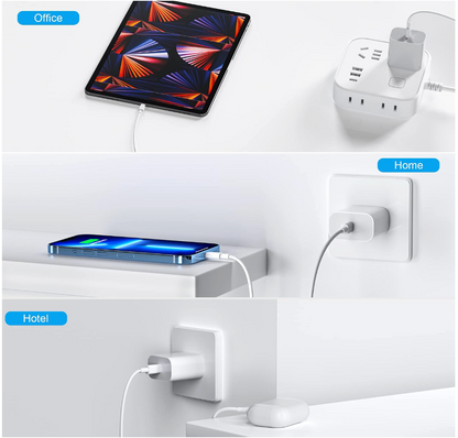 A collage showing a white multi-port power adapter used for charging devices in three settings: an office with an iPad, a home with a smartphone, and a hotel with earbuds. The adapter is shown plugged into outlets in each scene, with the main product highlighted on the right.