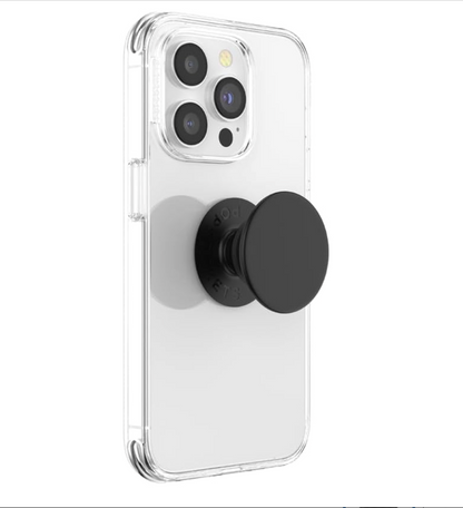 A clear protective phone case on an iPhone, featuring a black PopSocket grip on the back, shown against a plain white background.