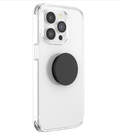 A clear protective phone case with a built-in black circular pop socket on the back, shown on a white smartphone against a plain white background.