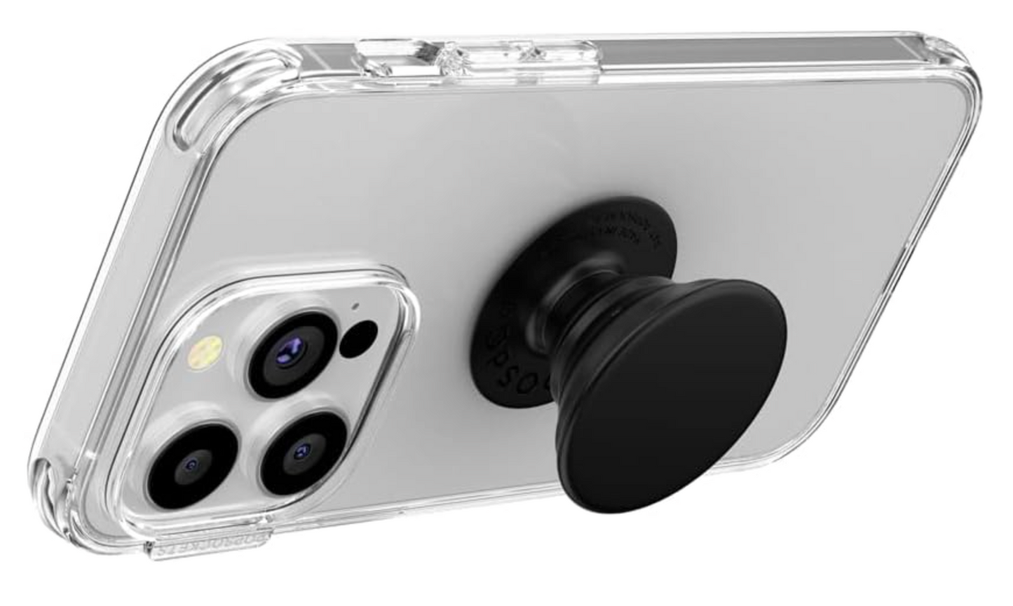Clear protective phone case with a black pop-swap grip mount, shown on a silver smartphone against a white background.