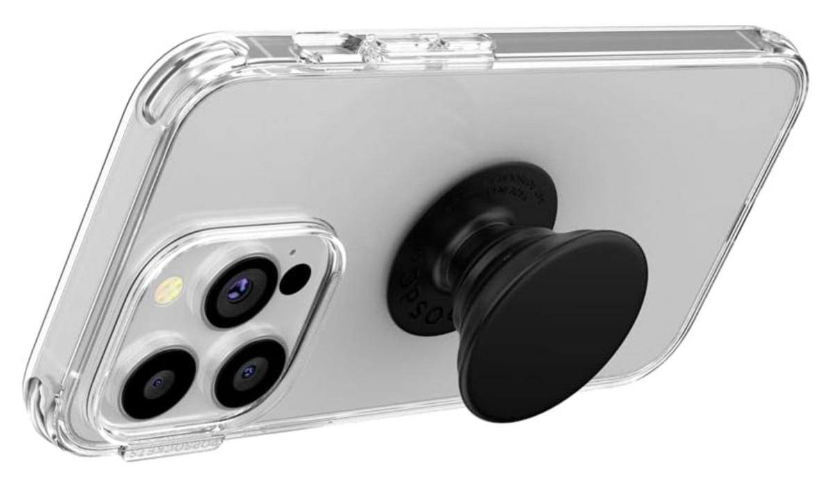 Clear protective phone case with a black pop-swap grip mount, shown on a silver smartphone against a white background.