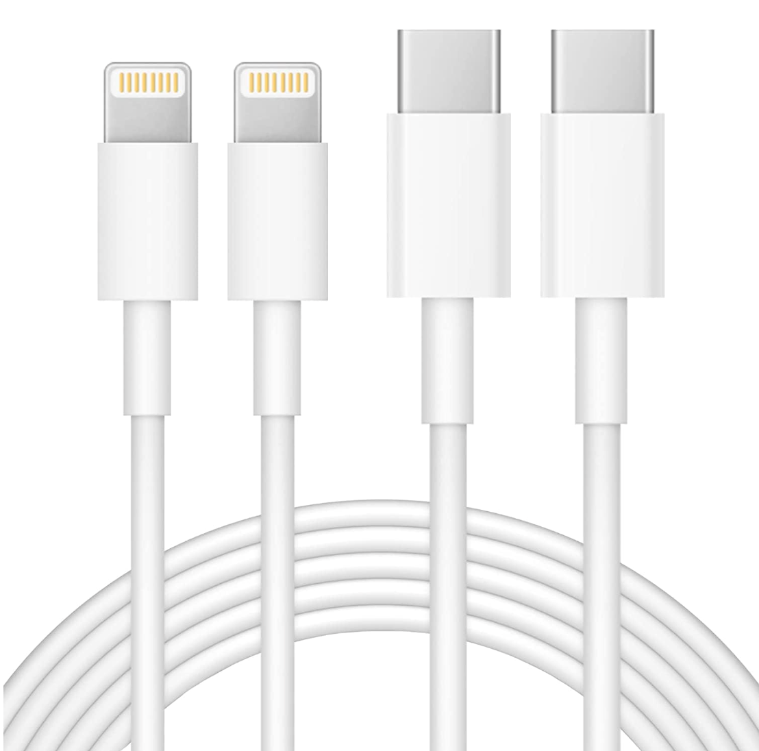 A white multi-connector charging cable shown against a black background, with two Lightning connectors on the left, two USB-C connectors on the right, and the cable coiled below.