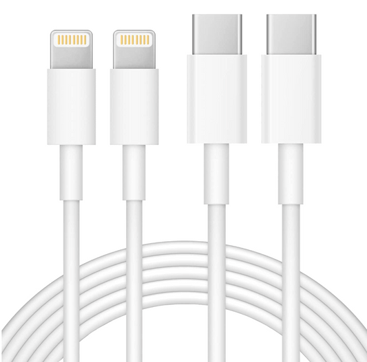 A white multi-connector charging cable shown against a black background, with two Lightning connectors on the left, two USB-C connectors on the right, and the cable coiled below.