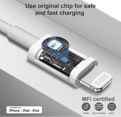 MFi certified charging cable with visible chip on a gray background