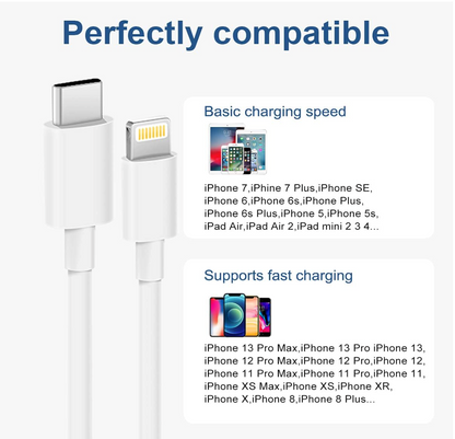 White USB-C to Lightning cable shown on a light gray background with text stating 'Perfectly compatible' and feature callouts for basic charging speed and fast charging support across various iPhone models.