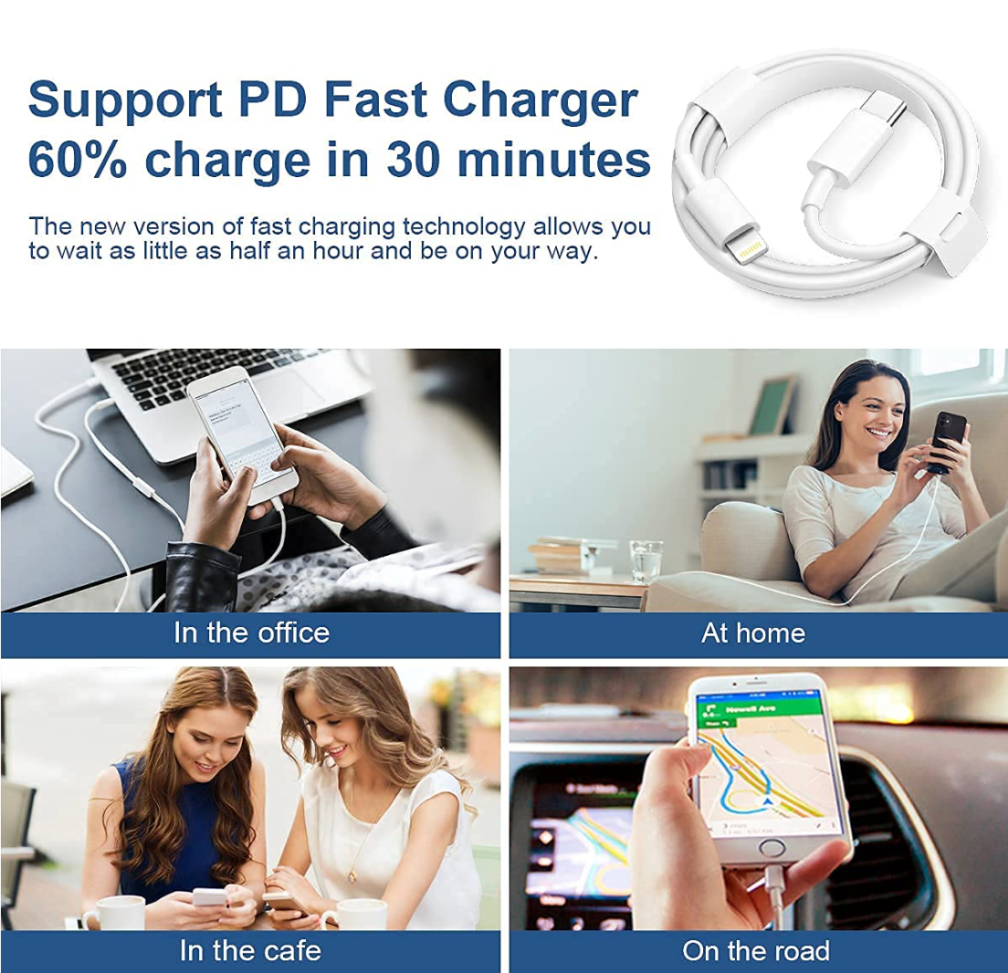 A promotional graphic for a white fast charging cable. The top section contains marketing text in blue reading 'Support PD Fast Charger 60% charge in 30 minutes' and shows the white cable coiled in the upper right.