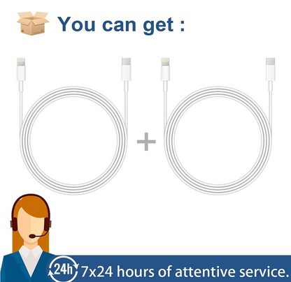 Promotional graphic showing two white charging cables on a white background with the text 'You can get :' and an illustration of a support agent with a headset and '24h 7x24 hours of attentive service.'.