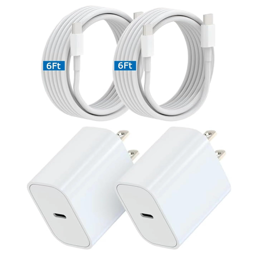Two white USB-C wall chargers and two white USB-C to Lightning cables, each 6 feet long, arranged on a plain white background. Two of the cables have blue labels reading '6Ft'.