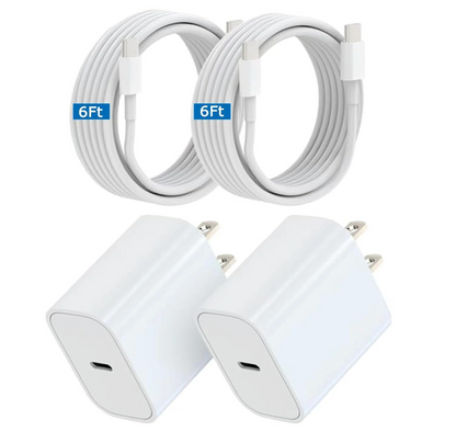 Two white USB-C wall chargers and two white USB-C to Lightning cables, each 6 feet long, arranged on a plain white background. Two of the cables have blue labels reading '6Ft'.