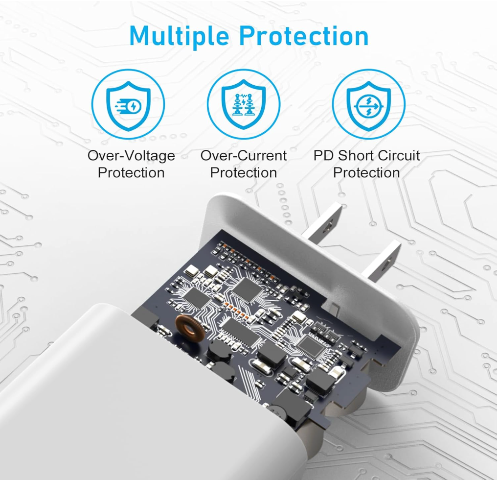 A close-up of a white electronic power adapter showing the internal circuit board, with three blue icon callouts above reading Over-Voltage Protection, Over-Current Protection, and PD Short Circuit Protection on a light circuit-board background.