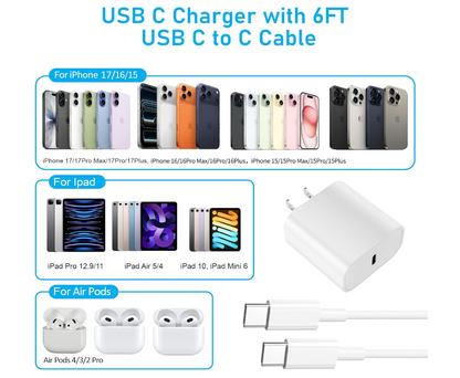 White USB-C charger with a 6FT USB-C to C cable, shown on a light gray background with compatibility labels for iPhone, iPad, and Air Pods.