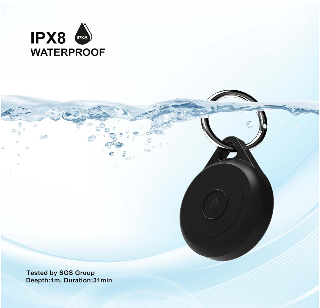 A black round keychain tracker with a metal key ring, shown floating in stylized water with text reading 'IPX8 WATERPROOF' and 'Tested by SGS Group'.