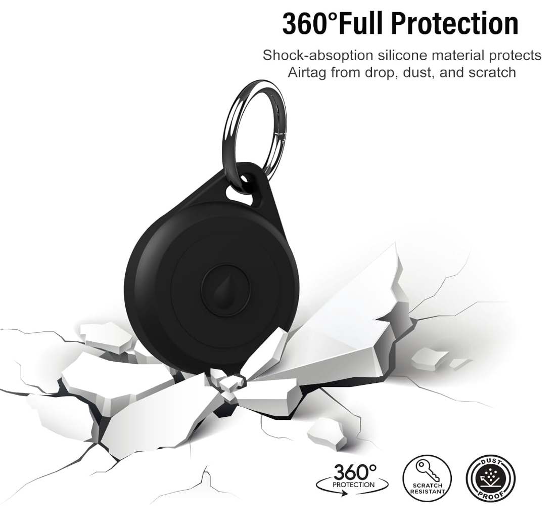 A black round airtag with a key ring attached, shown on a white background with 3D broken concrete effects and text reading '360°Full Protection' plus feature icons.