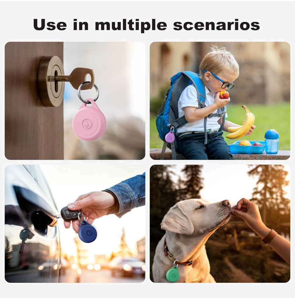 A collage with the heading 'Use in multiple scenarios' showing four real-life use cases for a small round keychain tracker: attached to a door lock, worn by a child with a backpack, held near a car door handle, and worn by a dog.