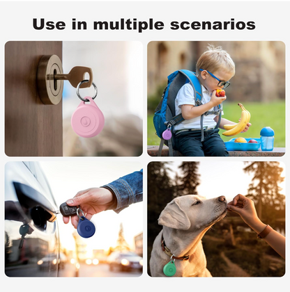 A collage with the heading 'Use in multiple scenarios' showing four real-life use cases for a small round keychain tracker: attached to a door lock, worn by a child with a backpack, held near a car door handle, and worn by a dog.