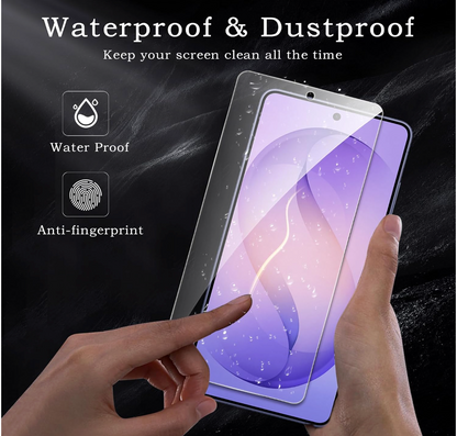 A hand holds a smartphone with a clear screen protector angled over the display. The image includes text reading 'Waterproof & Dustproof' and feature icons for 'Water Proof' and 'Anti-fingerprint' on a dark textured background.