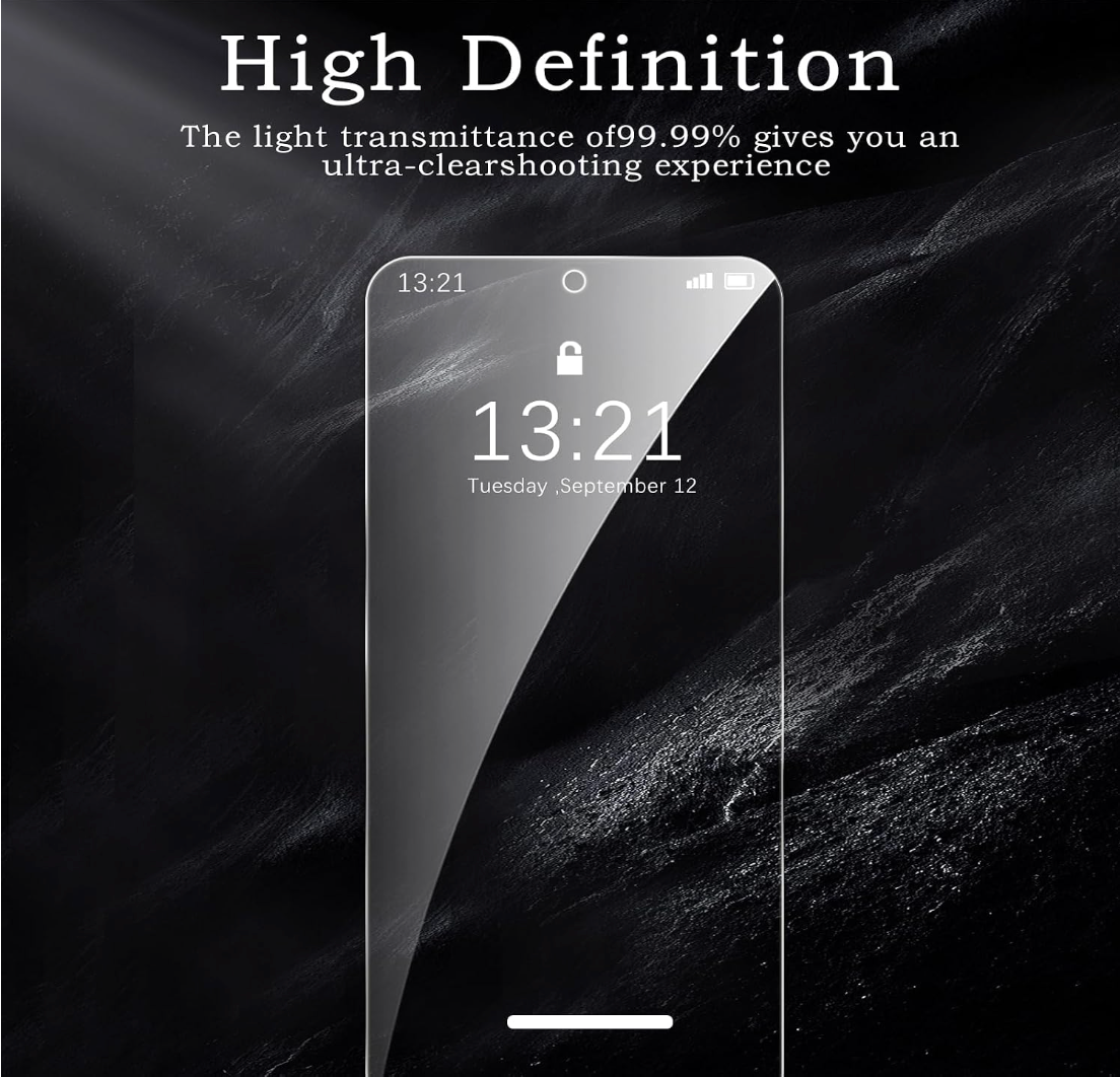Smartphone with a transparent screen protector on a dark textured background, emphasizing high definition and clearshooting experience.