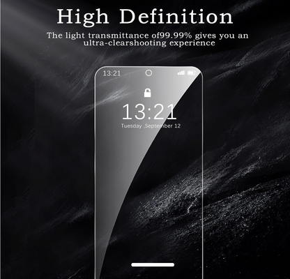 Smartphone with a transparent screen protector on a dark textured background, emphasizing high definition and clearshooting experience.