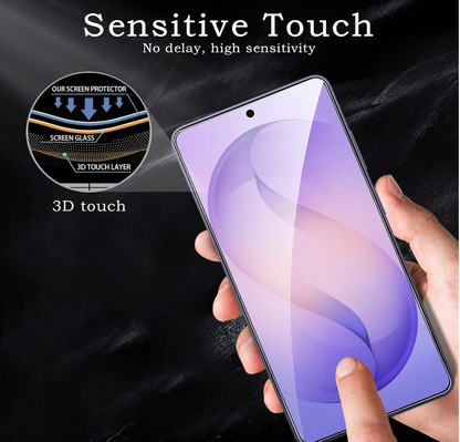 A hand holds a smartphone showing a purple and lavender abstract screen wallpaper. The image includes marketing text reading 'Sensitive Touch', 'No delay, high sensitivity', and a circular inset explaining 3D touch screen protection.