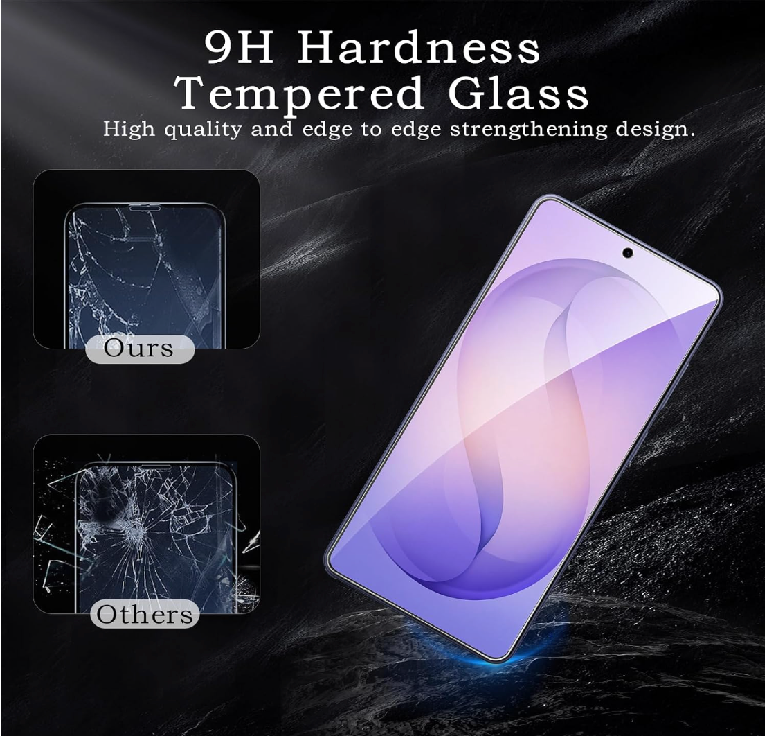 A smartphone with a purple gradient screen is shown on a dark textured background, alongside two inset comparison images labeled 'Ours' and 'Others' demonstrating cracked tempered glass protection. Large text at the top reads '9H Hardness Tempered Glass' and 'High quality and edge to edge strengthening design.