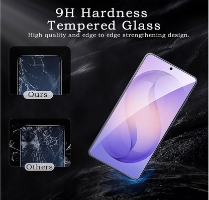 A smartphone with a purple gradient screen is shown on a dark textured background, alongside two inset comparison images labeled 'Ours' and 'Others' demonstrating cracked tempered glass protection. Large text at the top reads '9H Hardness Tempered Glass' and 'High quality and edge to edge strengthening design.