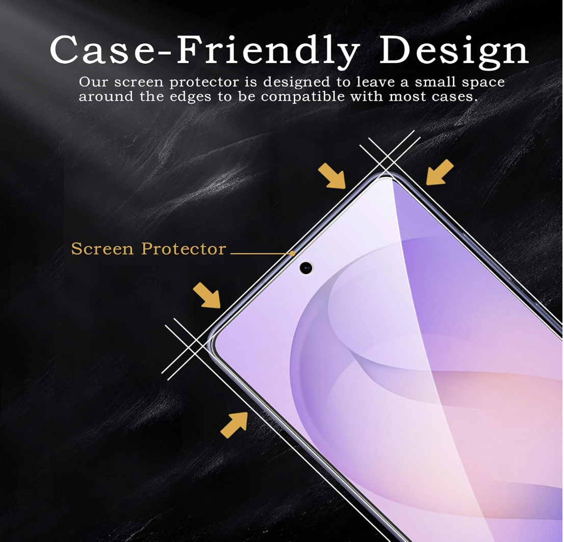 Promotional graphic for a phone screen protector showing a close-up of a smartphone corner with text reading 'Case-Friendly Design' and 'Screen Protector,' plus arrows indicating compatibility around the edges.