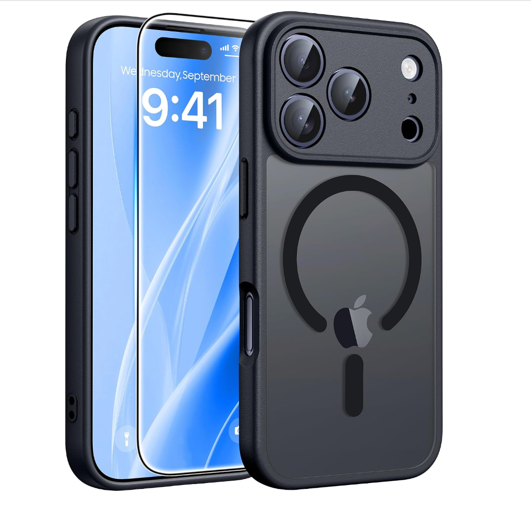 A black protective phone case shown from the back and side, fitted on a smartphone. The case has a large MagSafe-compatible circular ring on the back, a camera cutout with three lenses visible, and a small vertical cutout near the bottom.