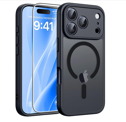 A black protective phone case shown from the back and side, fitted on a smartphone. The case has a large MagSafe-compatible circular ring on the back, a camera cutout with three lenses visible, and a small vertical cutout near the bottom.